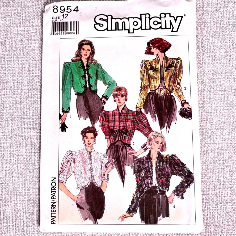 Simplicity 8954 Cropped Evening Bolero Jacket Sz 12 Elegant NewRomantic 80s Glam